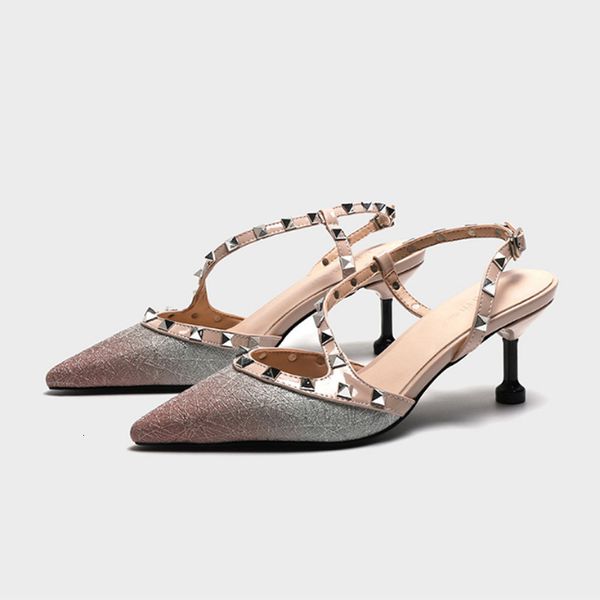 

2021 new pumps women's shoes summer fashion sandals rivet metal decoration pu leather style women high heels zapatos de mujer yk63, Black