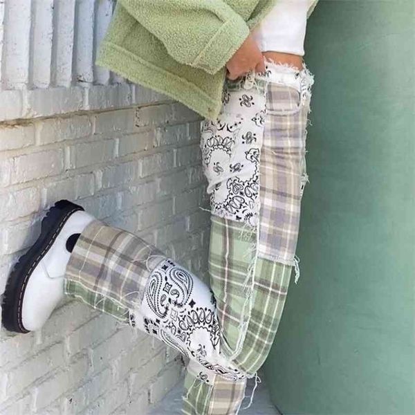 

waatfaak streetwear e-girl patchwork jean cargo green pants mom y2k baggy graphic checkerboard 90s jean denim 210809, Blue
