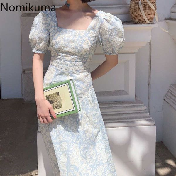 

kusahiki korean floral elegant slim waist dresses puff sleeve square collar women dress causal fashion vestidos 6g990 210602, Black;gray