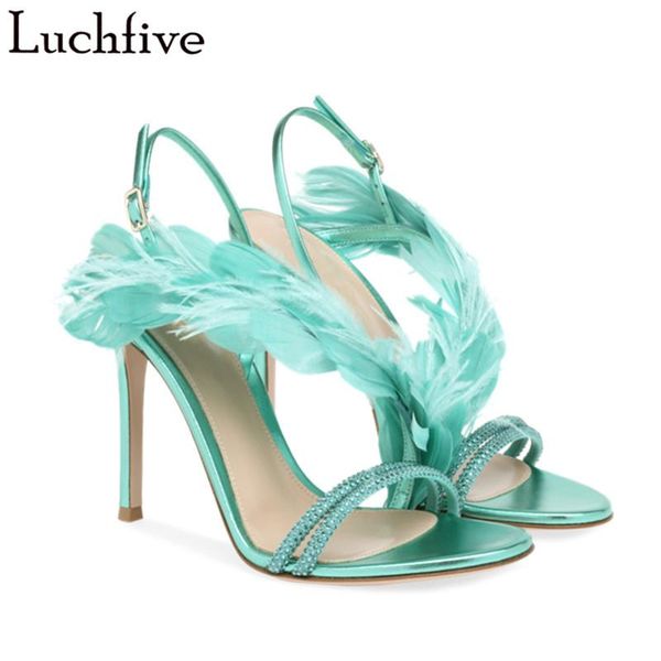 

sandals crystal feather peep toe party shoes thin high heels gladiator stiletto ankle wrapped outwear blue diamond woman, Black