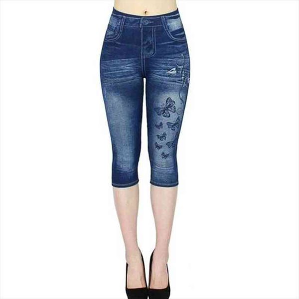 

high waist cropped elastic womens leggings fake jeans pants retro wash color butterfly denim print plus size s-2xl, Black