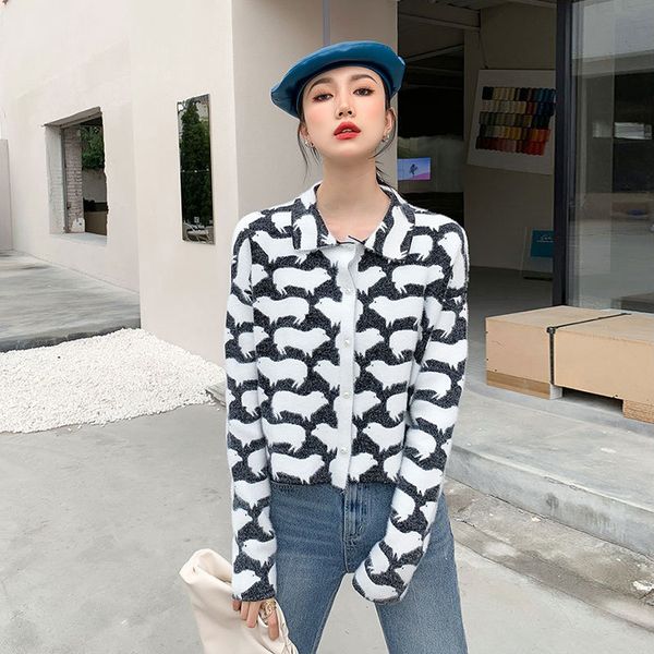 

2021 new animal print women button up furry knitted cardigan cute jacket kawaii sweater winter fashion c2du, White;black