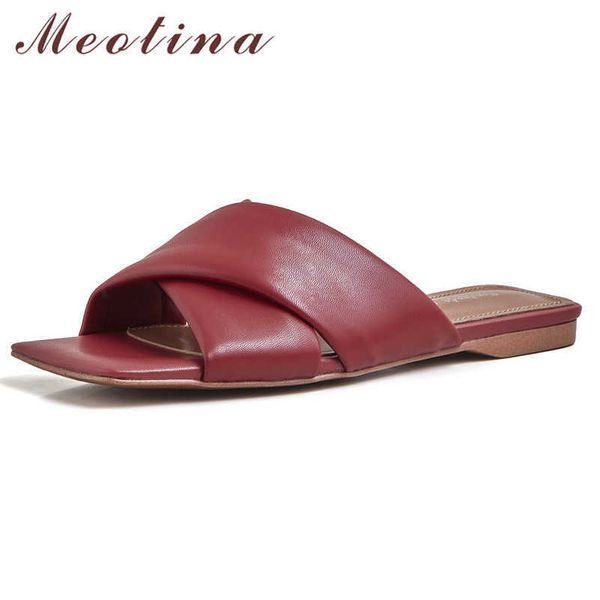 

meotina shoes women natural genuine leather flat slippers square toe ladies slides summer beach sandals female khaki big size 40 210608, Black