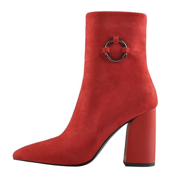 

boots richealnana concise pointed toe chunky high heels ankle booties red faux suede metal decoration zipper 2021, Black