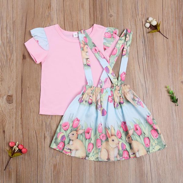 

clothing sets summer toddler baby girl ruffled short sleeve pink t-shirts easter suspender skirt 2pcs outfits set clothes 1-4years, White