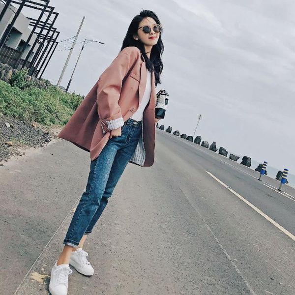 

women's suits & blazers 2021 autumn chic cute brick gules suit thin oats temperament western-style clothes casual loose coat, White;black