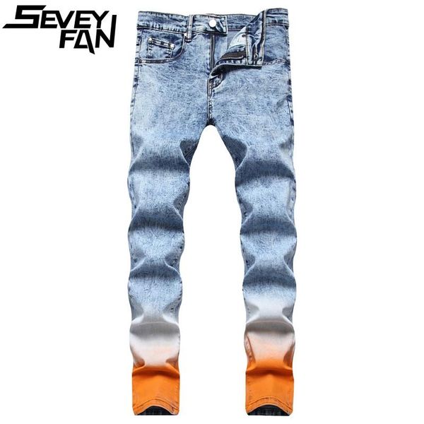 

men's jeans seveyfan fahion snowflake gradient candy colors stretch denim pants skinny pencil trousers for male, Blue