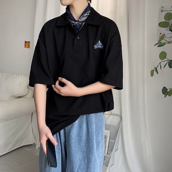 

men's short-sleeved t-shirt korean version of the new trendy brand ins wild casual polo shirt 2021 student loose half-sleeved top, White;black