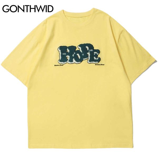 Gonthwid Tees Shirts Harajuku Ricamo Ricamo Hope Patch Tshirts Streetwear Casual Manica Corta Hip Hop Cotton Cotton Tops 210629