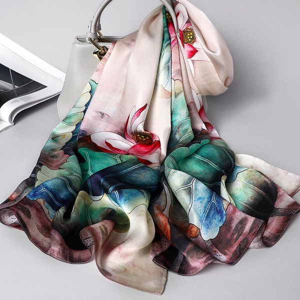

scarves japan style luxury silk scarf women shawls wrap gift for lady floral bufandas natural foulard 1 pc, Blue;gray