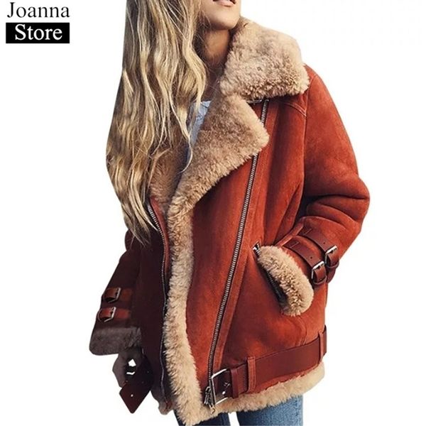 

winter new faux fur motorcycle jacket women lapel suede warm thick casual coat ladies plush lining black plus size bomber jacket 201111