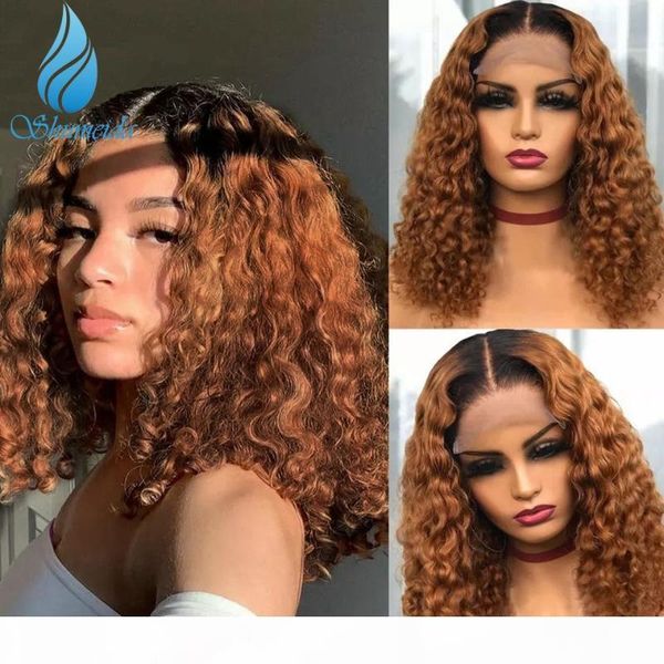 

13*6 lace front human hair wig ombre brown color short bob curly wigs baby hair peruvian remy glueless lace wigs, Black;brown