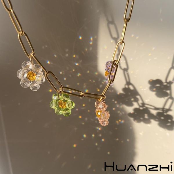 

pendant necklaces huanzhi 2021 summer sweet korean choker acrylic multicolor flower beads metal chain necklace for women vacation jewelry, Silver