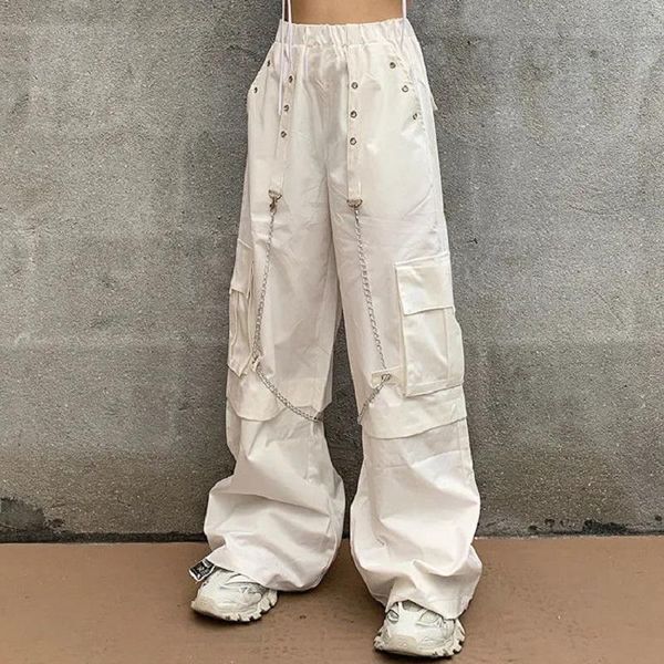 

women's pants & capris harajuku gothic white cargo with chain women mall goth hip hop punk loose oversize korean fashion trousers vinta, Black;white