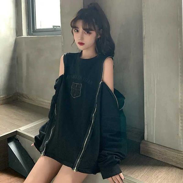 

women's hoodies & sweatshirts pullover dark hip hop street wear off shoulder sweatshirt long sleeve zipper two clothes para titan, Black