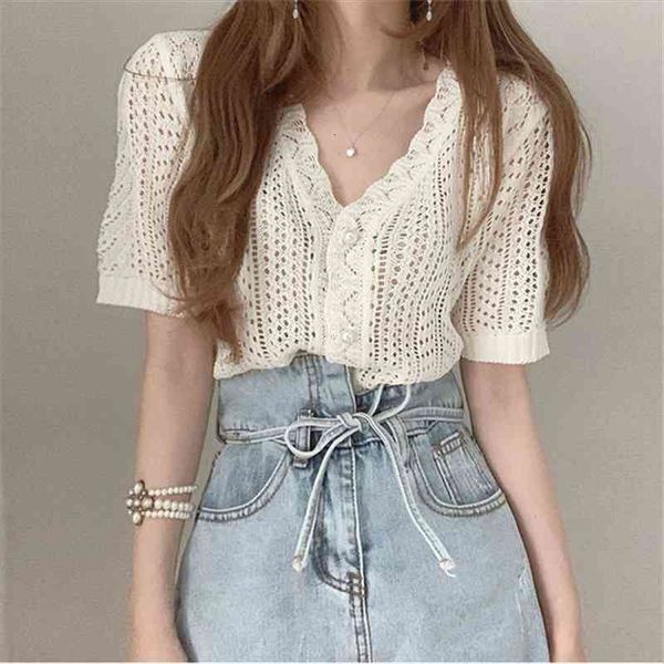 

gentle vintage v neck womens sweater hollow out short sleeves summer stylish women chic retro all match loose knitted, White;black