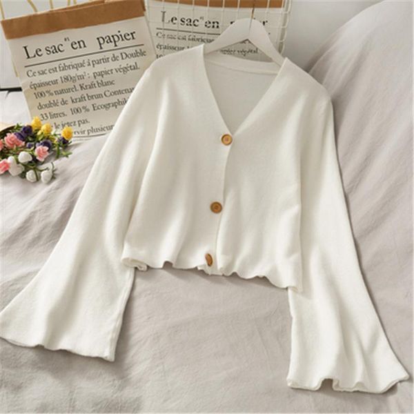 

women's knits & tees autumn knitted cardigan women button up sweater coats ladies outerwear female cardigans long flare sleeve 2021, White