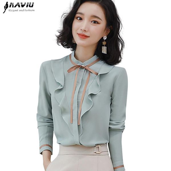

light blue shirt women autumn retro long sleeve stand collar ruffles chiffon blouses office ladies fashion work, White