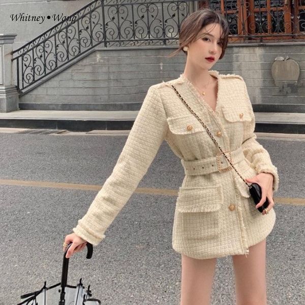 

whitney wang 2021 spring fashion streetwear v-neck beltedtweed jacket coat women office lady outwear, Black;brown