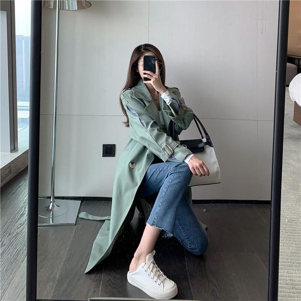

windbreaker autumn women's korean style loose waist tight-fitting medium length coat fashion jacket, Tan;black