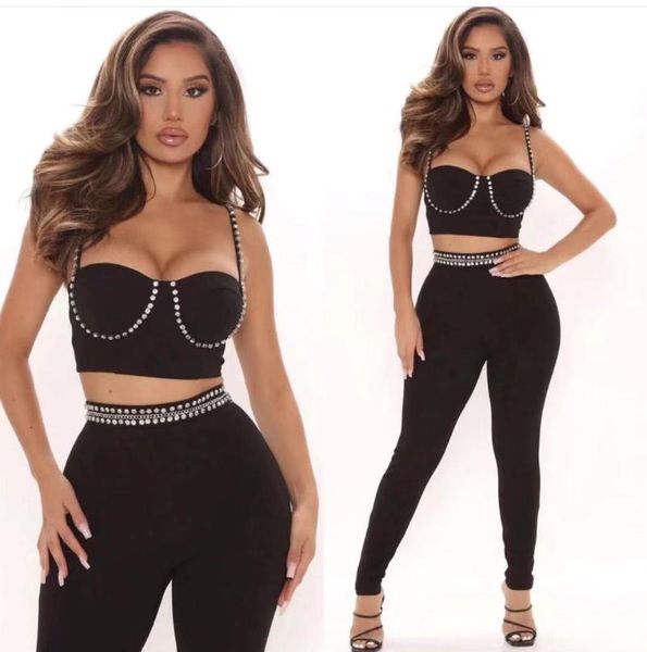 

women's tracksuits women winter sleeveless diamonds crystal black two pieces bandage set 2021 celebrity designer fashion party, Gray