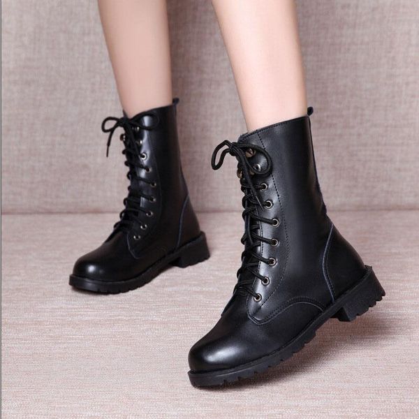 

boots lace-up solid casual shoes women ankle pu fashion woman girls female shoe plus size deals, Black