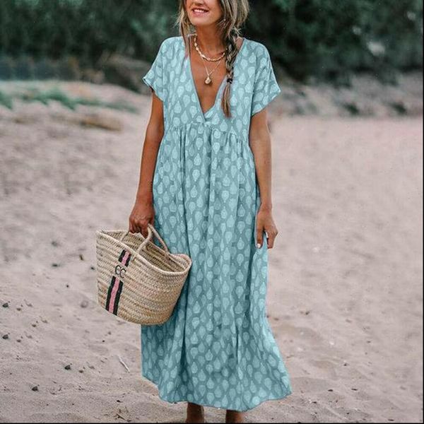

womens casual boho deep v neck polka dots floral print baggy tunic long pleated dress loose kaftan beach holiday sundress, Black;gray