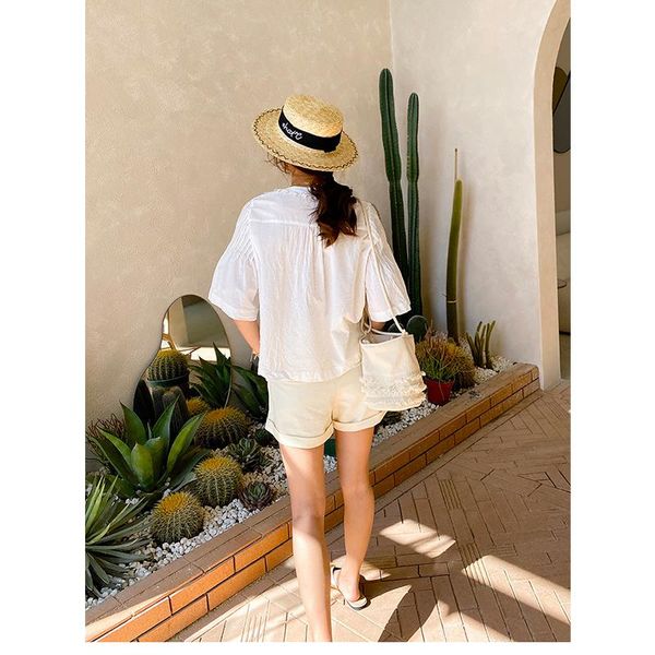 

women's blouses & shirts 2021 summer white v-neck flared sleeves with lace hedging loose casual shirt comfortable home ladies