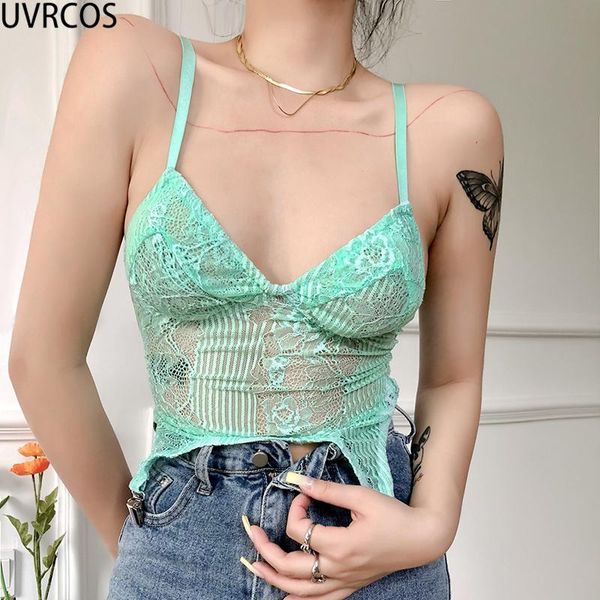 

women's tanks & camis uvrcos t-shirt femme summer solid lace perspective patchwork crochet backless camisetas mujer nightclub midnight, White