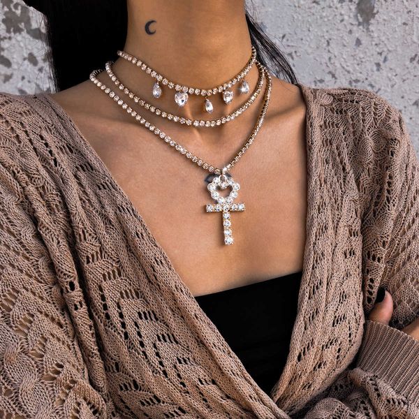 

jewelry simple multi-layer claw chain women's fashion diamond heart cross necklace set, Silver