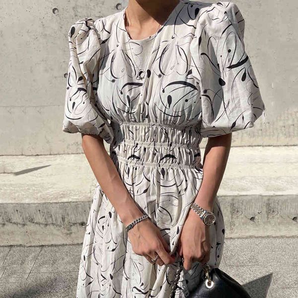 

casual dresses korean temperament, elegant round neck, floral design, folds, waist slimming, puff sleeve dress, long skirt, women, Black;gray