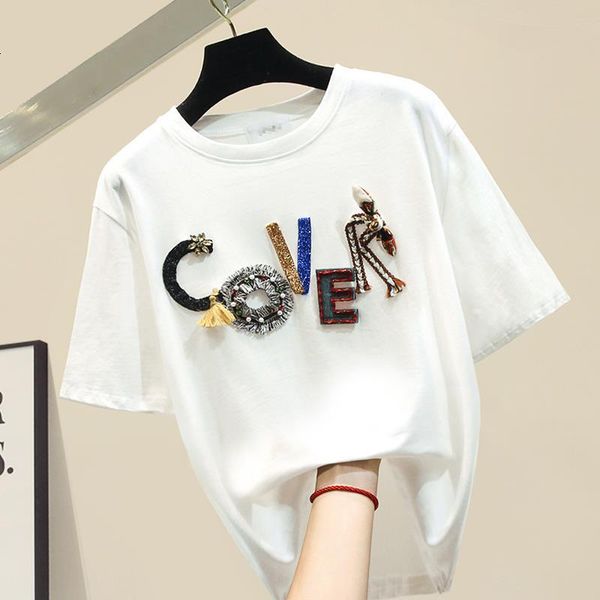 

embroidery beading letters short sleeve t shirt women o-neck white tee shirt femme cotton loose basic tshirt 2021 summer