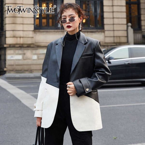 

twotyle korean hit color pu leather jacket for women notched long sleeve patchwork casual blazers female fashion fall 210930, White;black