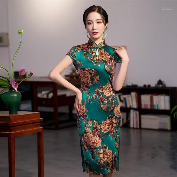 

ethnic clothing elegant short sleeve green satin floral print cheongsam women novelty chinese slim qipao vestidos, Red