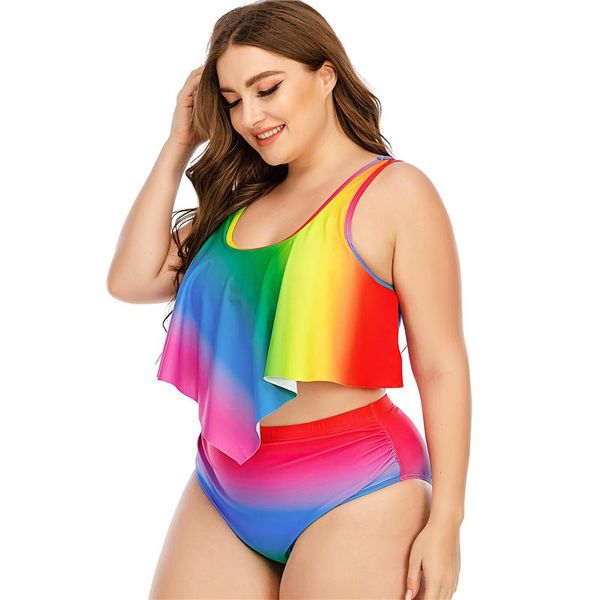 

rainbow color plus size 5xl high waist women bikini set 2021 large size two pieces swimwear swimsuit ruffle beachwear
