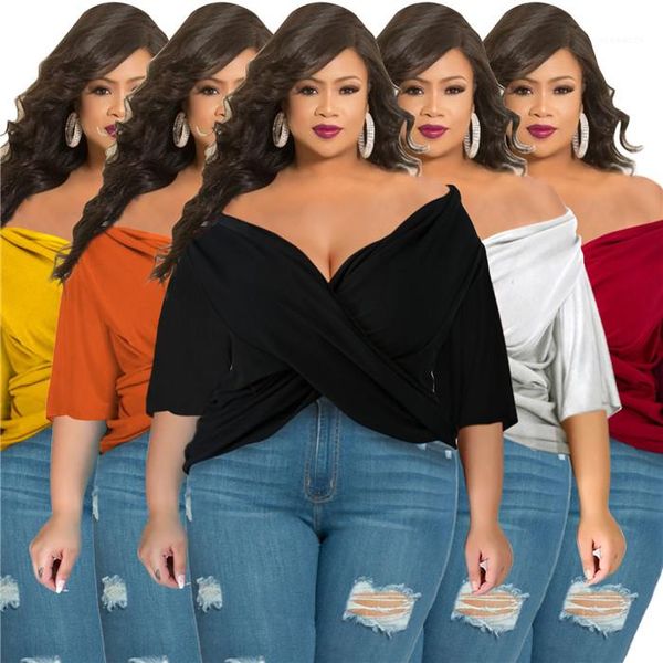 

v neck solid color pullover women t shirts cross irregular womens t-shirts loose plus size dolman sleeve, White