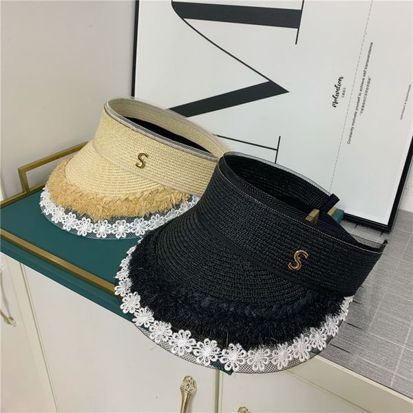 

2021 new women patchwork lace beach hat raffia straw sun hats aptb, Blue;gray