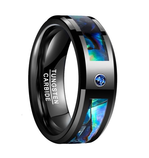 

electroplated black inlaid abalone shell, a zircon ring, men's tungsten steel ring, Silver