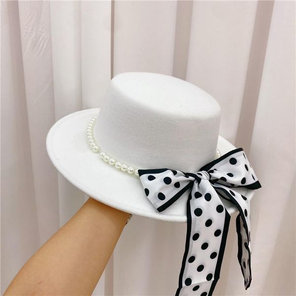 

stingy brim hats 202109-dudu autumn winter wool blended pearl dot bowknot lady fedoras cap women leisure panama jazz hat, Blue;gray