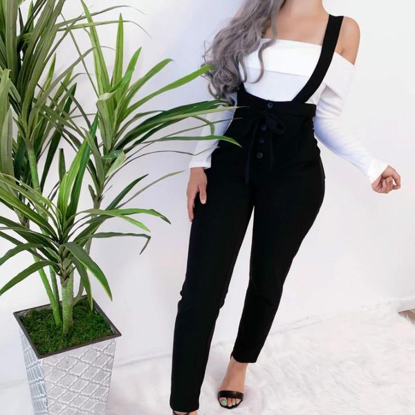 

women bodycon high waist overalls streetwear clubwear fashion pants 2021 autumn new, Black;white