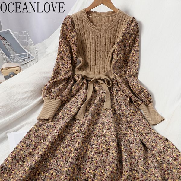 

oceanlove corduroy floral women dresses vintage knitted patchwork vestidos de mujer sweet korean long dress a-line 19079 210309, Black;gray
