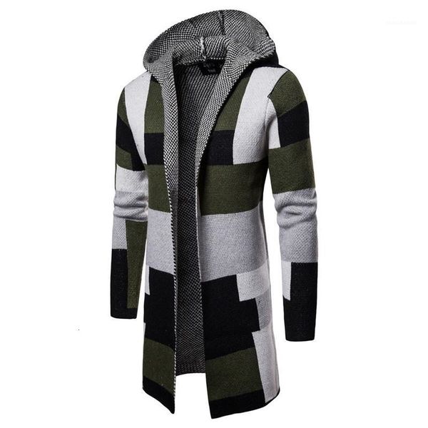 

sweaters hooded mens fashion contrast color male clothing plaid printed designer long sleeve cardigan, White;black