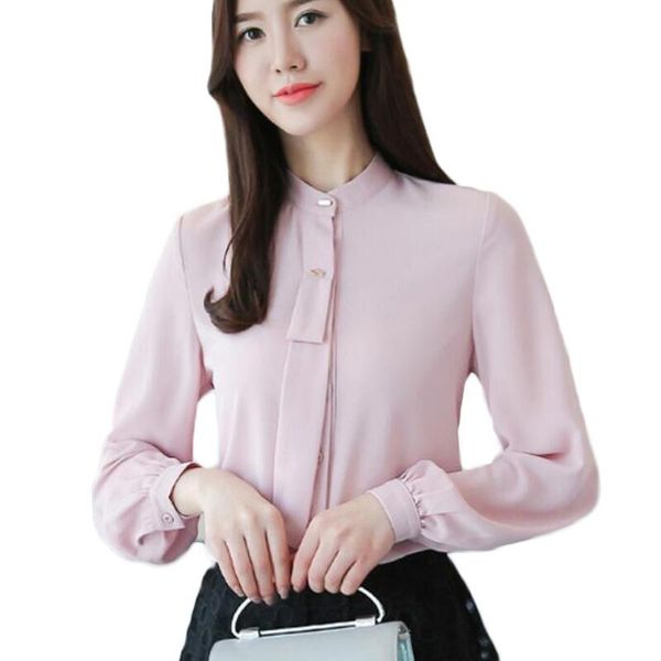

long sleeve stand collar chiffon blouse women shirts korean office women blouses fashion plus size shirt blusas mujer, White