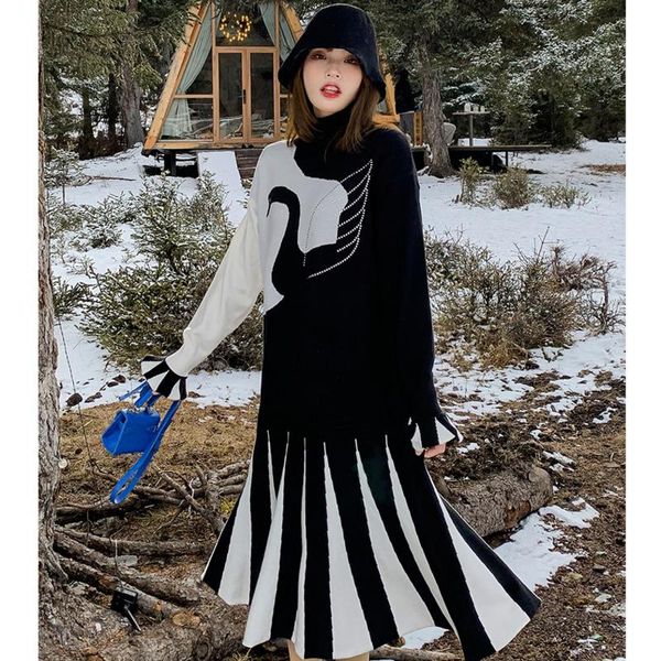 

[ewq] 2021 new turtleneck long sleeve warm slim women dress korean style contrast color stitching animal pattern knitted dress, Black;gray