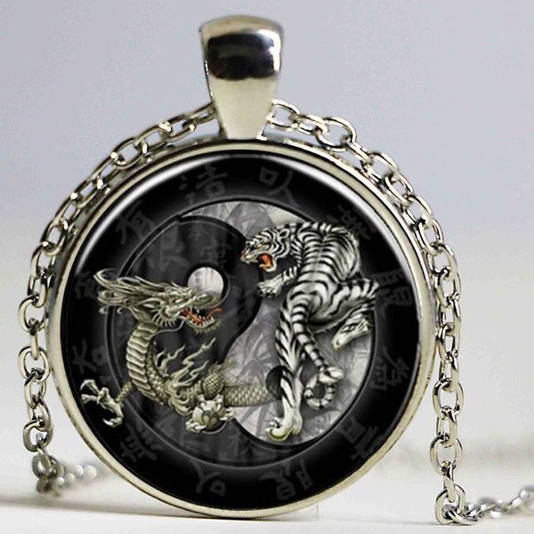 

pendant necklaces brand fashion china style tai chi dragon tiger yin yang retro glass long chain necklace jewelry items for women men, Silver