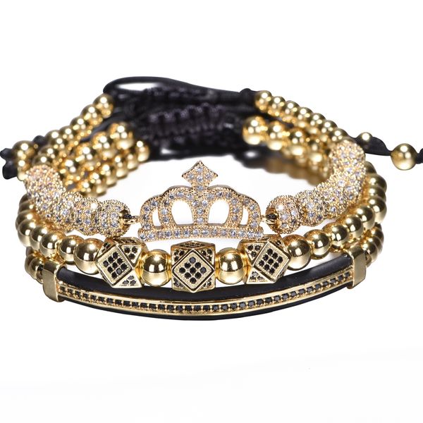 

3pcs/set luxury jewelry new zircon hip hop gold crown bracelets women&men cubic micro pave cz charm braided braiding pulseirabracelets, Golden;silver