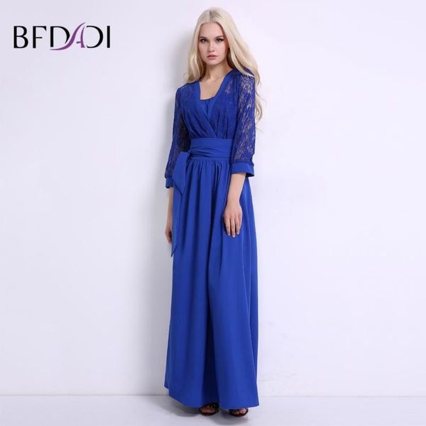 

casual dresses bfdadi elegant lace 3/4 sleeve women maxi dress fashion solid color patchwork with belt bf024, Black;gray