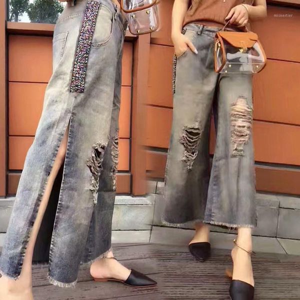 

summer spring womens denim jeans straight high street side cut ripped holes feminino trousers nz25 women's, Blue