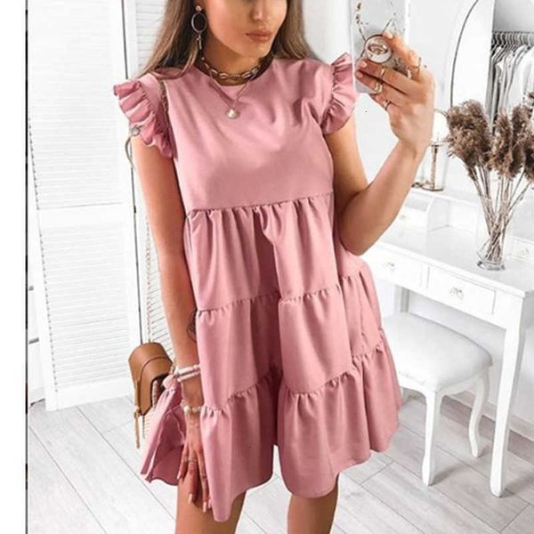 

casual dresses ruffle short sleeve women summer o-neck solid ruched a line mini holiday beach sun robe q4bw, Black;gray