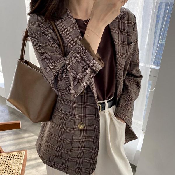 

[ewq] 2021 spring female casual notched collar long-sleeved blazer coat double breasted loose panelled plaid suit 8y779, White;black